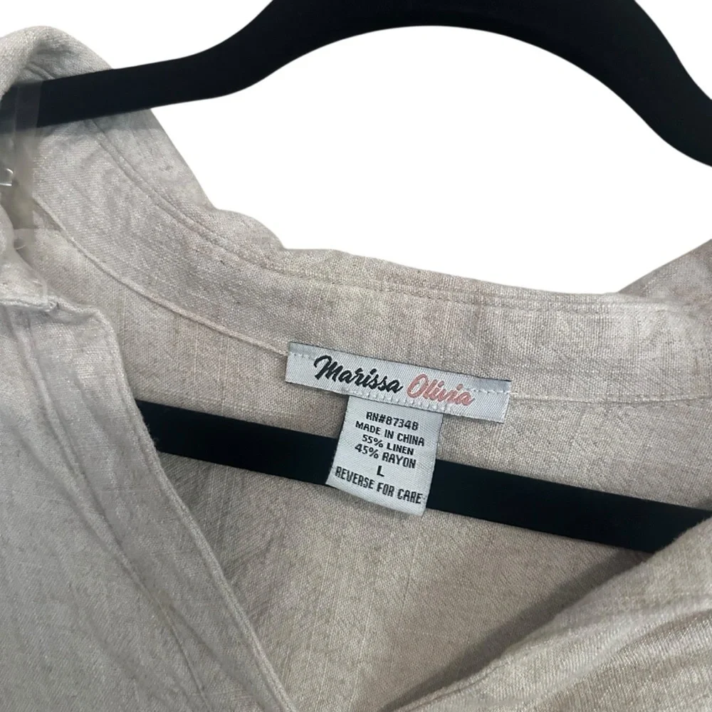 Marissa Olivia Cream Linen Rayon Blend Deep Vneck 3/4 Sleeve Knee Length Dress L - Picture 2 of 8